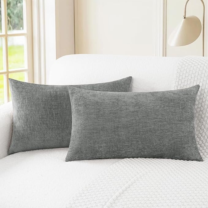 CaliTime Throw Pillow Covers Decorative 16 X 26 Inches Pack of 2 Cozy Chenille Cushion Cases for Couch Sofa Bed Living Room Home Medium Grey
