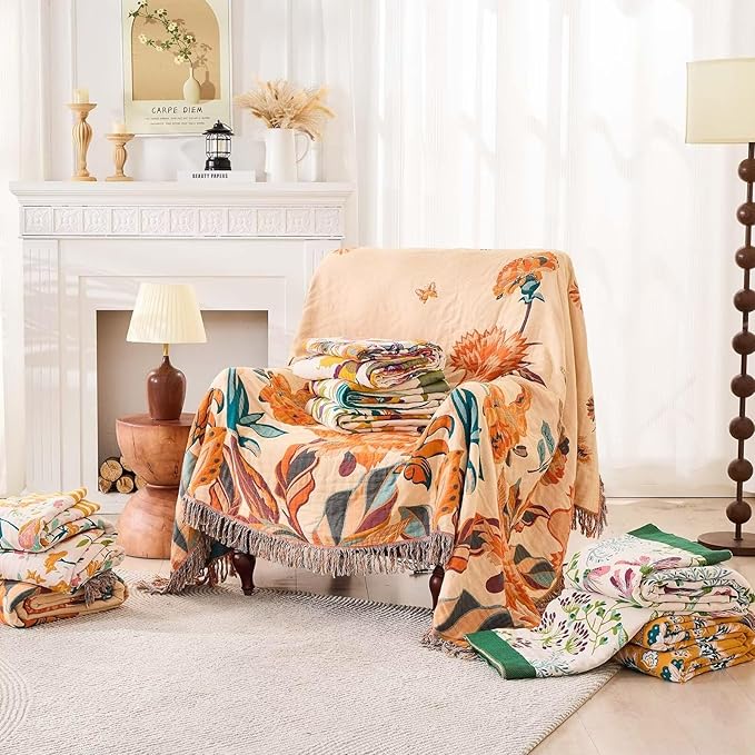 Boho Throw Blanket, 100% Cotton Ultra Soft Luxury Throw Rustic Quilt, Floral Printed Farmhouse Decor Bed Summer Blankets, All Season Rustic Reversible Bohemian Throw for Bed (60"x80" Yellow