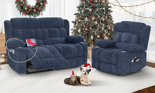 Loveseat Recliner Sofa Set with 2+1 Pieces, 2 Seater Minimalist Style Fabric Manual Pull Tab Reclining Loveseat with USB Charge Ports, Cup Holders, Recliner Couches for Living Room, RV, Blue