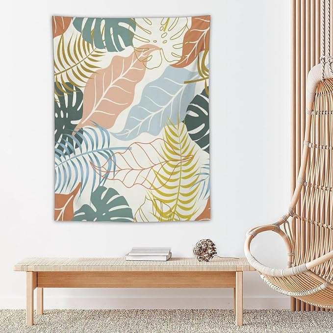 ICMOLYYENLO Boho Green Leaves Tapestry, Mid Century Abstract Tropical Palm Leaves Modern Minimalist Geometric Wall Hanging, Neutral Home Decor Art for Living Room Bedroom Dorm 30x40 Inch