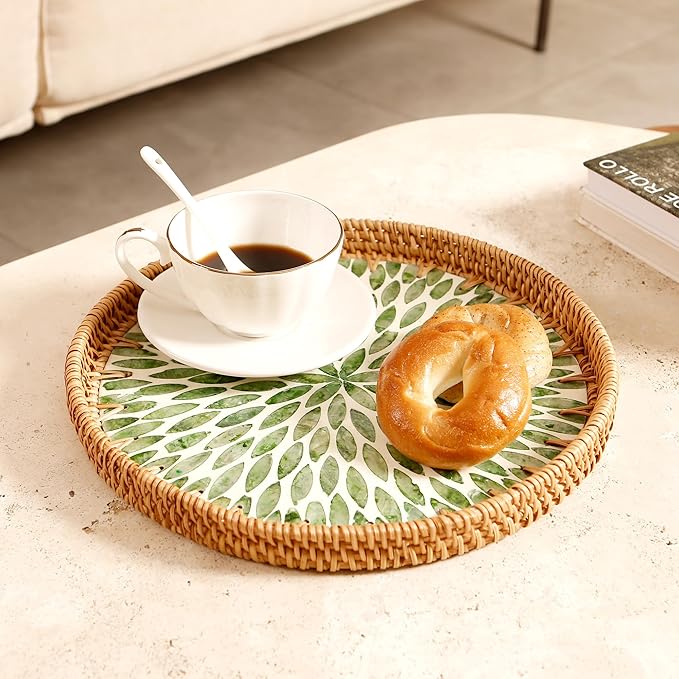 Round Rattan Tray with Mother of Pearl Inlay & Wooden Base - Decorative Wicker Serving Tray for Coffee/Bread/Fruits, Food Storage & Display - Multipurpose Home Decor (M,Green Leaves)