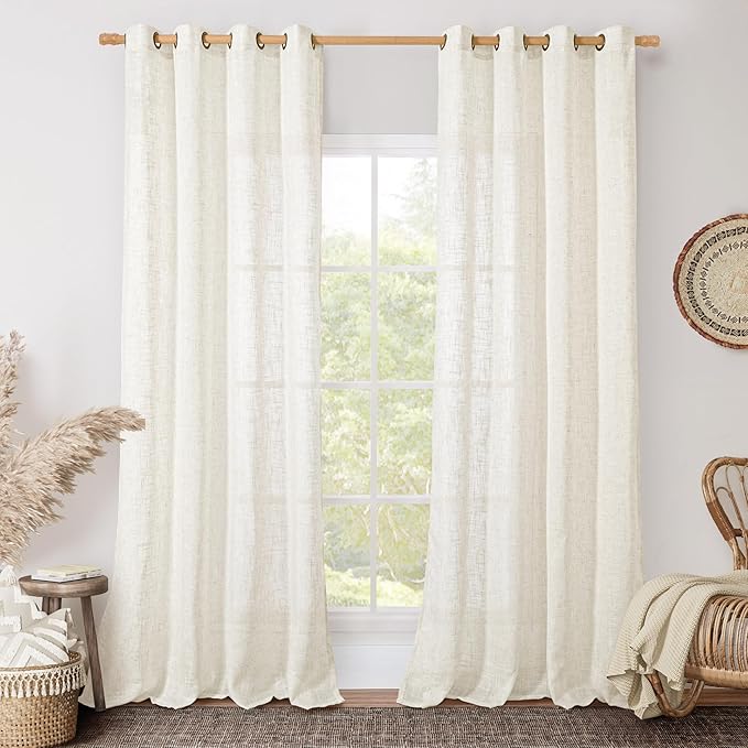 LAMIT Linen Curtains 108 Inches Long for Living Room, Bronze Grommet Linen Textured Sheer Curtains Light Filtering Panels for Boho Farmhouse, 2 Panels, 52 x 108 Inch, Cream