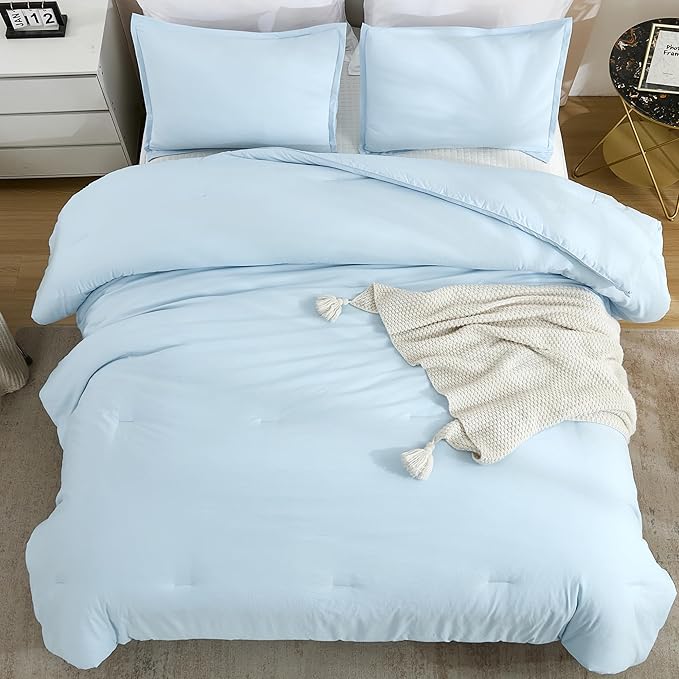 Litanika Comforters Light Blue King Size, 3 Pieces Lightweight Solid Bedding Comforter Set, All Season Fluffy Bed Set (104x90In Comforter & 2 Pillowcases)