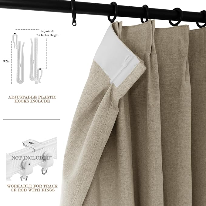 Full Blackout Privacy Curtains, 240 Inch Extra Wide Linen Blend Drapes, Pinch Pleat Window Drapery for Room Divider Storage/Space Room Separation, 1 Panel, W 240" x L 96", Light Khaki