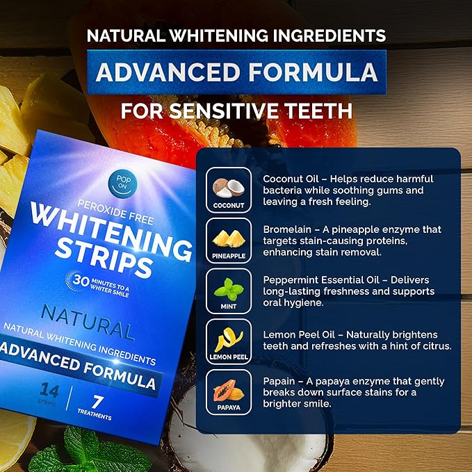 Whitening Strips for Sensitive Teeth 7 Treatments, Mint – Enamel Safe, Peroxide-Free Coconut Teeth Whitening Strips with Natural Enzymes – Gentle White Stips for Sensitive Gums & Daily Oral Care