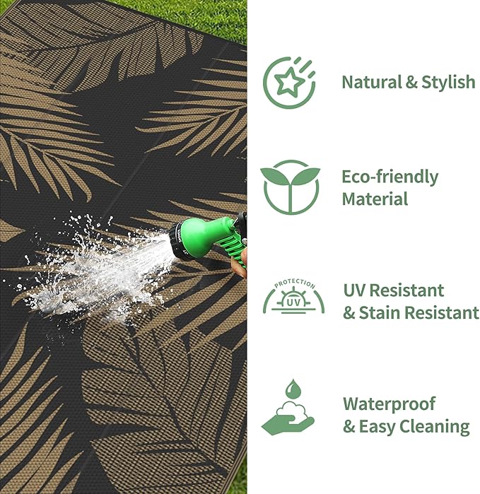 GENIMO Outdoor Rug 8' x 10' Waterproof for Patios Clearance, Reversible Outdoor Plastic Straw Camping Rug Carpet, Large Area Rugs Mats for RV, Camper, Deck, Balcony, Porch, Beach, Picnic, Black&Brown