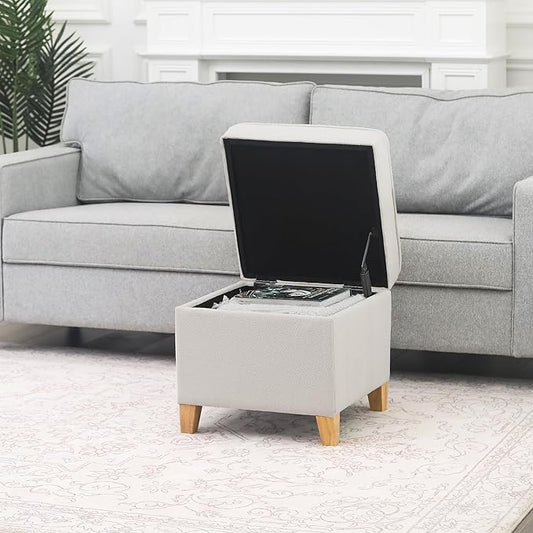 Adeco 17.5" Square Fabric Ottoman with Storage - Upholstered Cotton Linen Foot Rest - Flip Top Footstool with Sturdy Wood Legs, Small Cube Coffee Table Extra Seat for Living Room, Bedroom, White