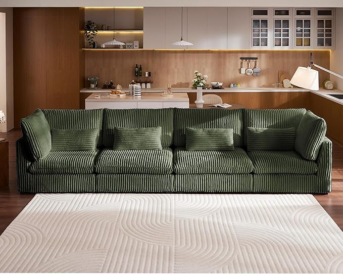 Oversized Modular Sofa, Extra Deep Cloud Corduroy Sectional Couch with Ottoman Chaise, Fluffy Chenille 4 Seater Sofa for Living Room, Villa (Basic 4 Seater, Corduroy Green)