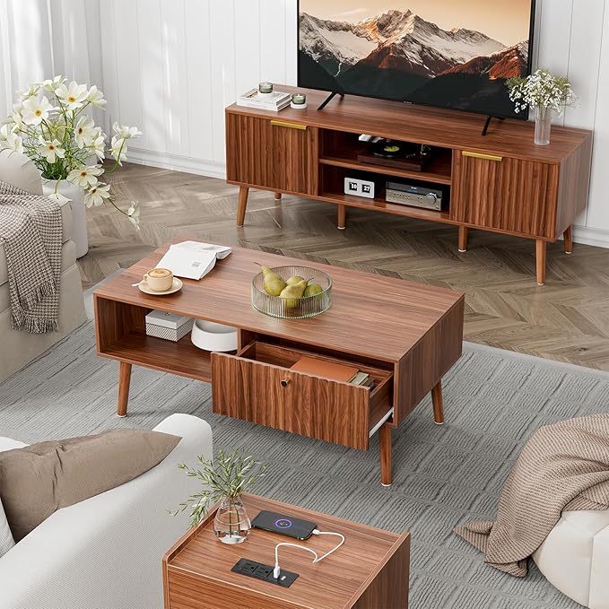 Coffee Table with Storage, Mid Century Dining Table with Fluted Drawer and Solid Wood Legs, Small Coffee Tables for Living Room, Walnut