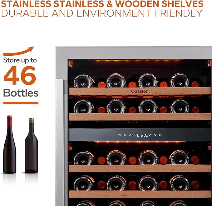 Ca'Lefort Wine Fridge & Cooler - 24 Inch 46 Bottle Wine Cooler Refrigerator, 40-65°F Dual Zone Wine Refrigerator Glass Door, 3 LED Built-in or Freestanding Fridge for Home/Bar/Kitchen (5.65 cu.ft)