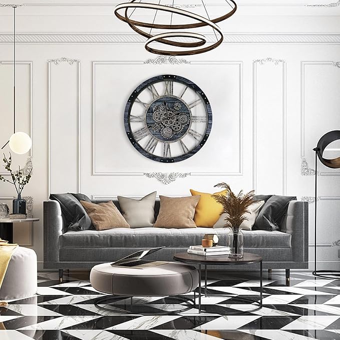 24 Inch Industrial Steampunk Wall Clock, Oversized Solid Wood Frame, Battery Operated, Large Wall Clock with Real Rotating Gears, Gray