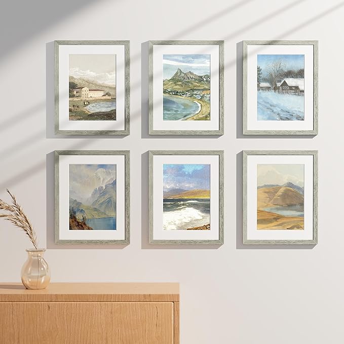 Vittanly 11x14 Picture Frames Set of 9, Shatter Resistant Plexiglass, Display 8x10 Pictures with Mat or 11x14 without Mat, Photo Frames for Wall or Tabletop, Engineered Wood, Grey