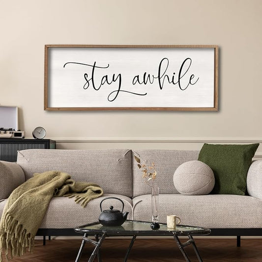 Stay Awhile Sign Wall Decor 32"X12" Large Living Room Entryway Wood Framed Rustic Wall Decor for Vintage Farmhouse Foyer Hanging Lets Stay Home Wall Art (Wood)