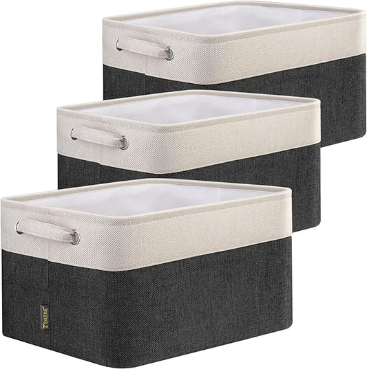 BALEINE 3 Pack Fabric Storage Bins for Shelves, Linen Storage Baskets for Organizing, Decorative Closet Bins for Clothes, Home (Black, 15"x11"x9.5")