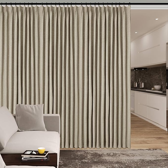 100" W x 96" L Faux Linen Room Divider Curtains, Full Blackout Pinch Pleated Drapes for Traverse Rod, Bedroom Divider Privacy Drapery with Hooks for Ceiling Track, 1 Panel, Light Khaki