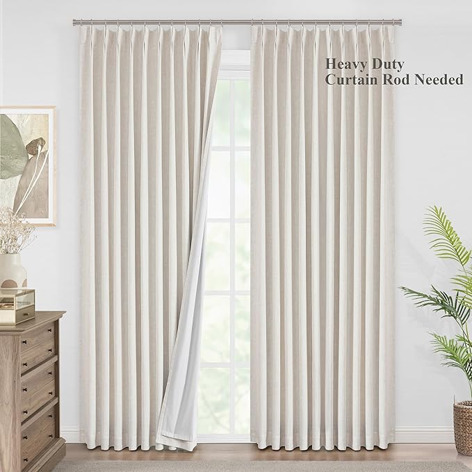 Vision Home Natural Pinch Pleated Full Blackout Curtains Linen Blended Room Darkening Window Curtains 95 inch for Living Room Bedroom Thermal Insulated Pinch Pleat Drapes with Hooks 1 Panel 60"Wx95"L