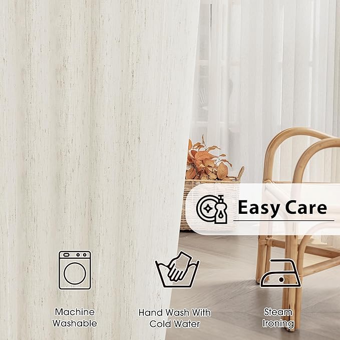 FMFUNCTEX Linen Sheer Curtains for Bedroom, Beige Curtains 54 inch Length for Living Room, Natural Flax Blend Window Draperies for Farmhouse Curtain, Rod Pocket 2 Panels