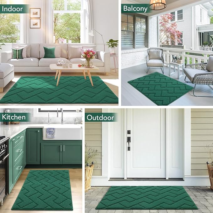 hicorfe Front Door Mat Outside Entrance,24"x35" Absorbent Muddy Dirt Resist Welcome Door Mats Outdoor Indoor,Stain and Fade Resistant,Non Slip Backing Entry Mat Doormat for Entryway (Evergreen)