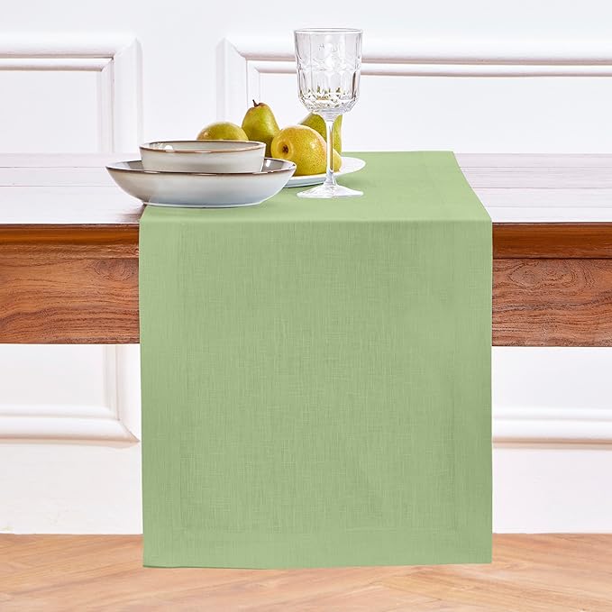 Solino Home Linen Table Runner 48 Inches - 100% Pure Linen Laurel Green Table Runner 14 x 48 Inch Ideal for Dresser and Coffee Tables - Fall, Autumn, Thanksgiving - Fete