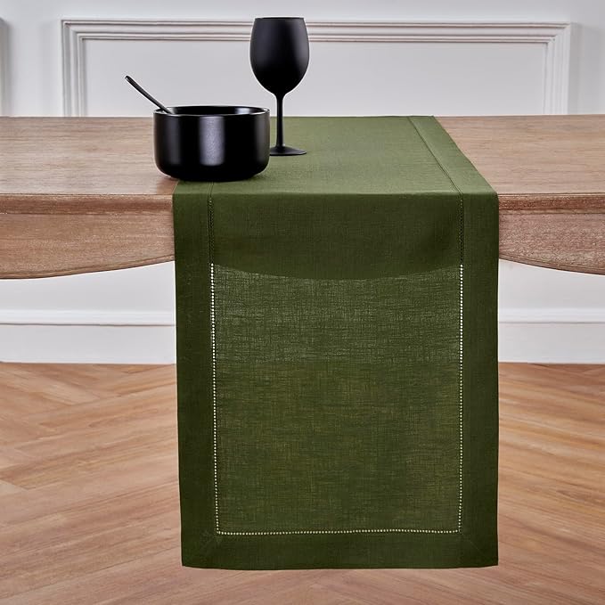 Solino Home Linen Table Runner 48 Inches - 100% Pure Linen Olive Hemstitch Table Runner 14 x 48 Inch Ideal for Dresser and Coffee Tables - Classic Hemstitch - Thanksgiving