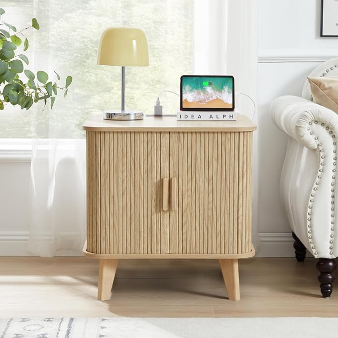 Farmhouse Square End Table with Charging Station, 24" Large Fluted Sofa Side Table with Sliding Tambour Door and Storage, Rustic Curved Wood Nightstand for Living Room, Bedroom, Natural