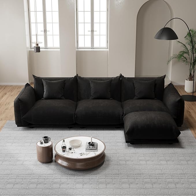 Modern Minimalist Chenille Modular Sectional Sofa, Deep-Seat 3-Seater L-Shaped Couch with Movable Ottoman and Thick Cushions, Upholstered Sofa for Living Room, Bedroom, Office, Apartment(Black L Sofa)