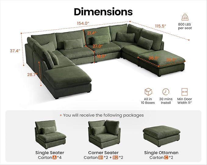 Oversized Modular Sofa, Extra Deep Cloud Corduroy Sectional Couch with Ottoman Chaise, Fluffy Chenille 8 Seater Couch Bed for Living Room, Villa (Sofa Bed 8 Seater, Corduroy Green)
