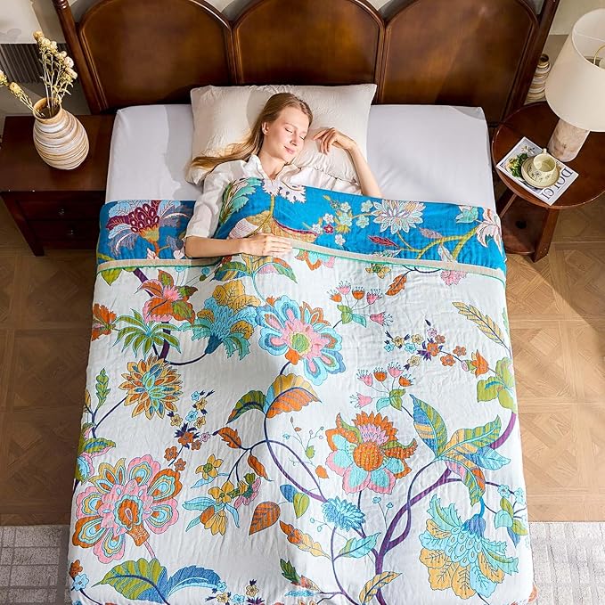Summer Throw Blanket, 50"x60" Reversible Bohemian Flower Blanket, 100% Cotton Muslin Breathable Woven, Farmhouse Decorative Throw Blanket