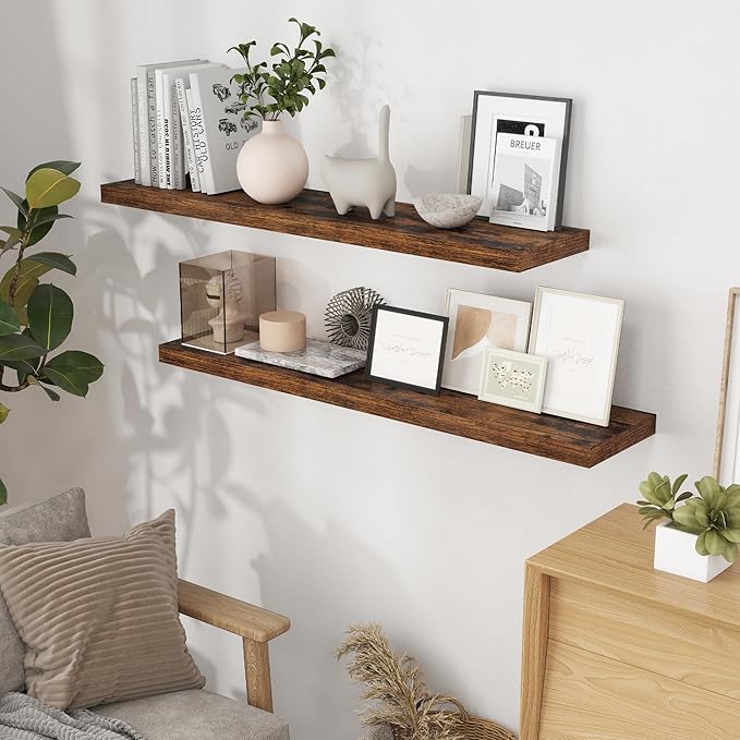48 Inch Floating Shelves Set of 2, Rustic 48 x 9 Floating Shelf for Wall, 9 Inch Deep Bookshelf Invisible Bracket, Wall-Mounted Deep Shelving for Bedroom, Kicten, Living Room, Rustic Brown Color