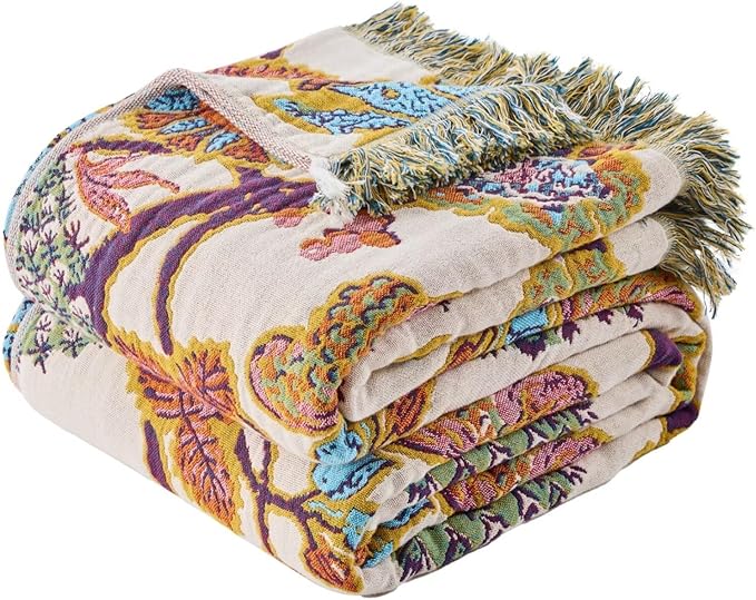 Boho Throw Blanket for Bed, Sofa,Cozy Lightweight Fall Blanket,100% Cotton Southwestern Farmhouse Floral Decor, Reversible Rustic Blanket, Chair, Picnic Throw Blanket,50"x60"