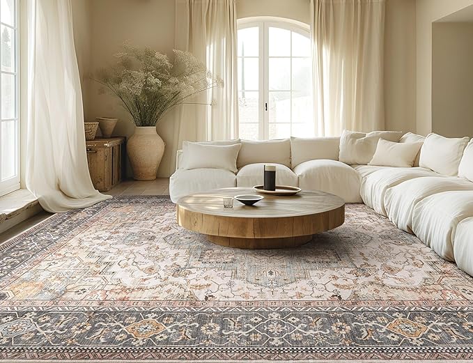 Washable Area Rugs for Living Room - 10x12 Neutral Vintage Distressed Floral Farmhouse Boho Large Soft Floor Rug Indoor Non Slip Carpet for Living Room Bedroom Dining Room Office - Forest Green Orange