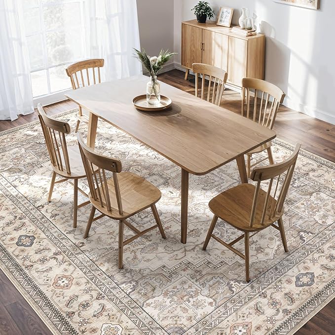 Washable Area Rugs for Living Room - 5x7 Neutral Vintage Distressed Floral Farmhouse Boho Large Soft Floor Rug Indoor Non Slip Carpet for Bedroom Dining Room Office - Brown/Multi