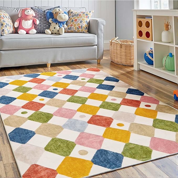 jinchan Area Rug 3x5 Kids Washable Indoor Floor Cover Non-Slip Modern Soft Rug Elementary School Classroom Colorful Diamond Carpet for Nursery Playroom Daycare Bedroom Living Room Circus on Cream