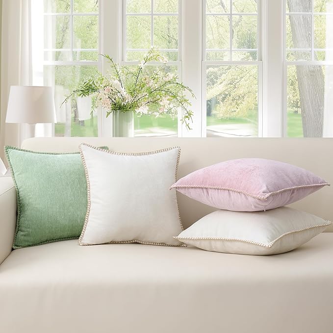 decorUhome Chenille Soft Throw Pillow Covers 26x26 Set of 2, Farmhouse Velvet Neutral Decorative Euro Pillow Covers with Stitched Edge for Couch Sofa Bed Home Decor, Blush Pink