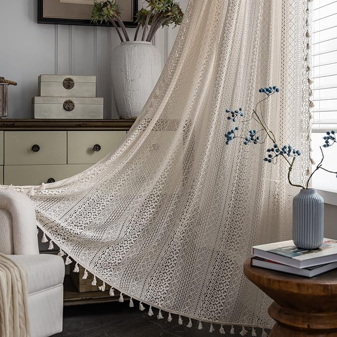 Sutuo Home Boho Curtains Crochet Lace Semi-Sheer Bohemian Hollow Knitted Handmade Tassels, Rod Pocket Window Treatment Vintage Rustic Farmhouse Drapes for Living Bedroom, 1 Panel 59" W x 72" L, Beige