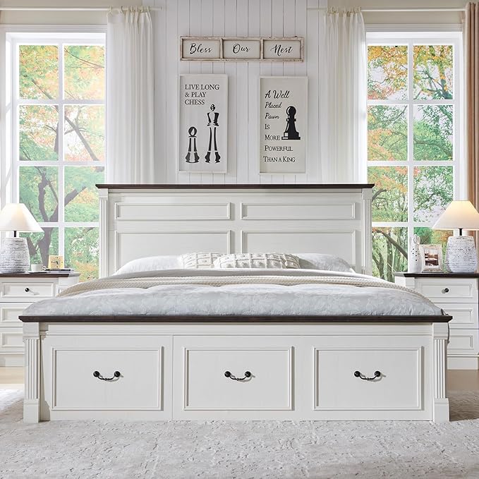 26" Tall Farmhouse Nightstand Set of 2, 3 Drawers End Table w/Charging Station, 23.6" Wide Large Side Table w/Roman Column, Wood Rustic Sofa Table for Bedroom, White