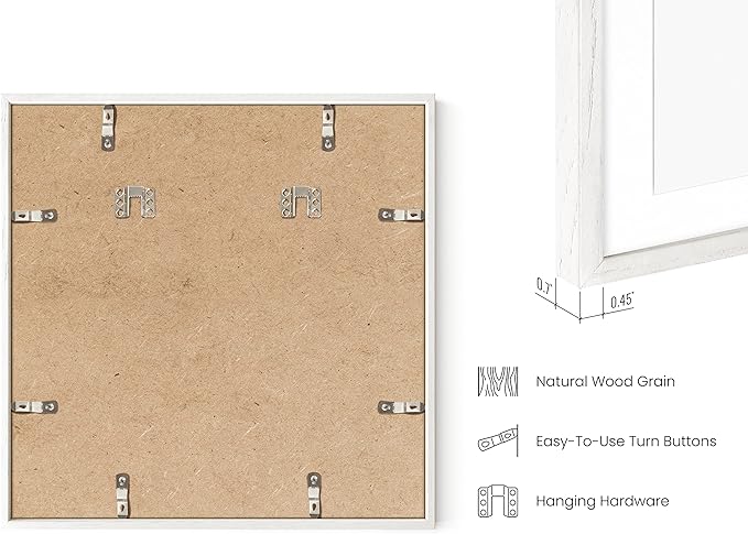 HAUS AND HUES Solid Oak Wood 16”x16” Picture Frames Matted to 12”x12” Set of 6 - White Picture Frames 16x16, Square Frames 16x16, White Square Picture Frames, 16x16 Gallery Wall Frame Set