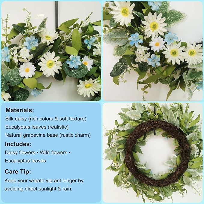 24 Inch Wreaths for Front Door, Large Spring Summer Artifiical Wreath with Blue White Daisy Flower, All Season Floral Wreaths for Porch Window Wall Decor Outside Indoor Outdoor Decorations