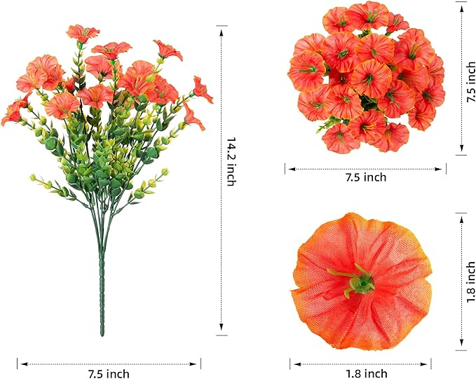 Artificial Fall Flowers Fake Plants for Outdoors Autumn Decoration, 12 Bundles Orange Silk Morning Glory with Eucalyptus Look Real UV Resistant Faux Flowers for Outside Planters Front Door Yard Indoor