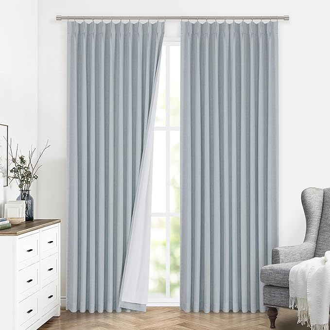 Vision Home Blue Fog Pinch Pleated Full Blackout Curtains Linen Blended Room Darkening Window Curtains 95 inch for Living Room Bedroom Thermal Insulated Pinch Pleat Drapes with Hooks 1 Panel 60"Wx95"L