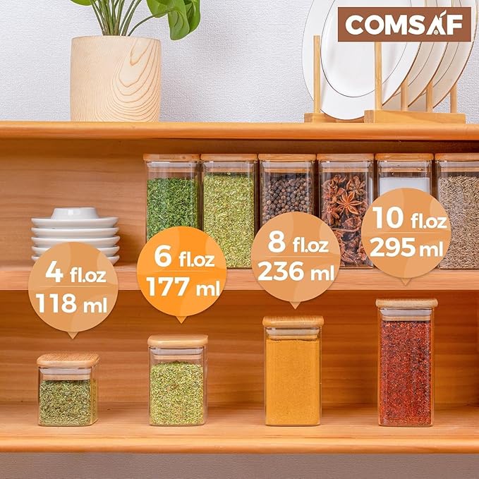 ComSaf Spice Jars with Labels 6 oz 12Pack, Small Spice Containers Starter Set, Glass Seasoning Jars with Lids, Square Seasoning Containers for Salt, Pepper, Chili Powder, Sugar, Ginger Ground, Cumin