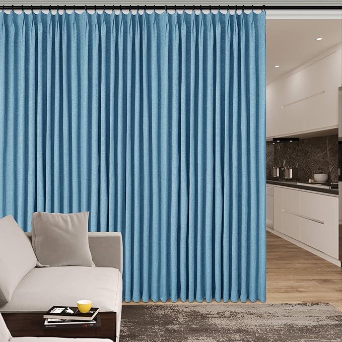 Room Divider Curtains Screen Partitions, Linen Look 100% Blackout Drapery 108 Inches Long, 100" Wide Pinch Pleated Window Drapes, Privacy Protecting, Light Blocking, (1 PC, Blue)