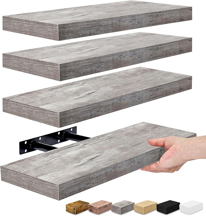 Sorbus Floating Shelves for Wall, Bathroom Shelves Wall Mounted for Kitchen, Bedroom, Living Room, Bathroom Storage, Over Toilet, Hanging Book Shelf for Wall Home Decor (Gray, 4 Pack)