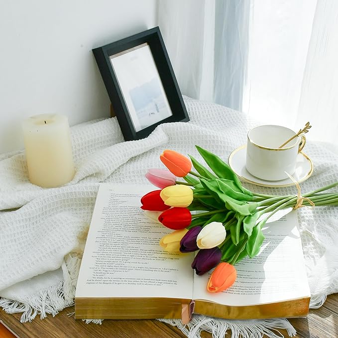 Mandy's Artificial Tulips 12 Stems Multicolor PU Faux Flowers for Wedding Home Decor 13.5 Inch