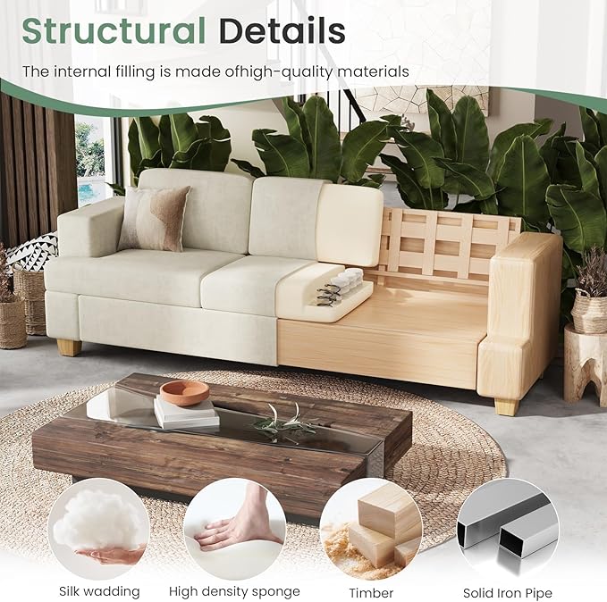 Sofa, 3 Piece Set Comfy Sofa, Loveseat & 2 3-Seater Couch with Deep Seats for Living Room, Modern Sleeper Couch, Beige Chenille