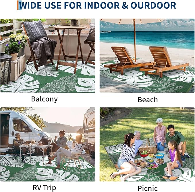 GAOMON Waterproof Plastic Straw Rug 9x12 Outdoor Patio Rug, Reversible Modern Camping Mat with Bag & Stakes, UV Resistant & Easy to Clean Outdoor Carpet for RV, Deck, Balcony, Green