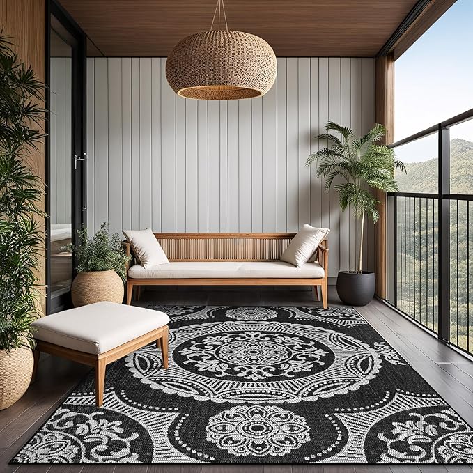 Medallion Outdoor Rug 6x9 Washable Outside Carpet for Indoor Patio Porch Waterproof Easy Cleaning Non Shedding Area Rugs Black 6 x 9