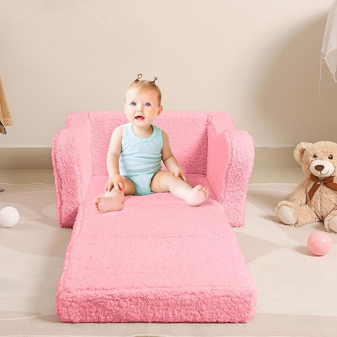 Kids Chairs for Toddler, 2-in-1 Toddler Soft Sherpa Couch Fold Out, Convertible Sofa to Lounger for Girls and Boys, Pink
