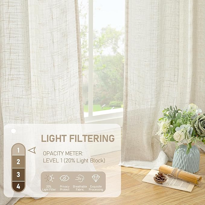 LAMIT Natural Linen Semi Sheer Curtains 45 Inch Length, Light Filtering Short Linen Neutral Decorative Window Drapes with Bronze Grommet for Bedroom/Kitchen, Cream Ivory, 2 Panels Set, 52 X 45 Inch