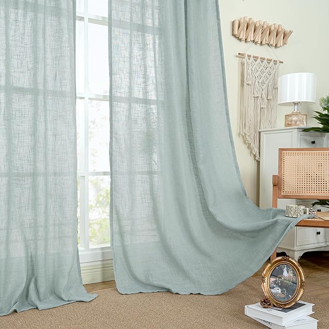 LAMIT Blue Linen Curtains 84 Inch Length for Living Room, Semi Sheer Light Filtering Drapes Bronze Grommet Boho Burlap Panels for Bedroom/Farmhouse, 2 Panels, 34 x 84 Inch, Greyish Blue